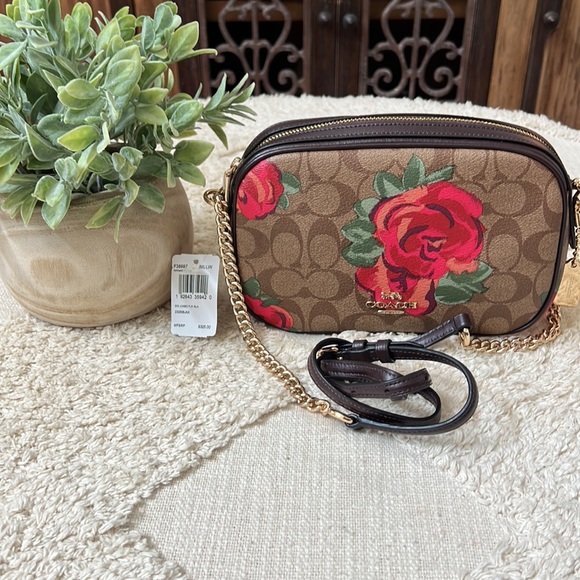 🌺FLASH SALE!Coach Isla Chain Crossbody Jumbo Floral Print NWT Khaki/Oxblood - Picture 3 of 8
